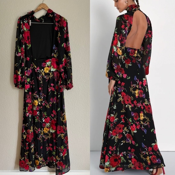 Graceful Arrival Black Floral Burnout Backless Maxi Dress - Picture 3 of 9